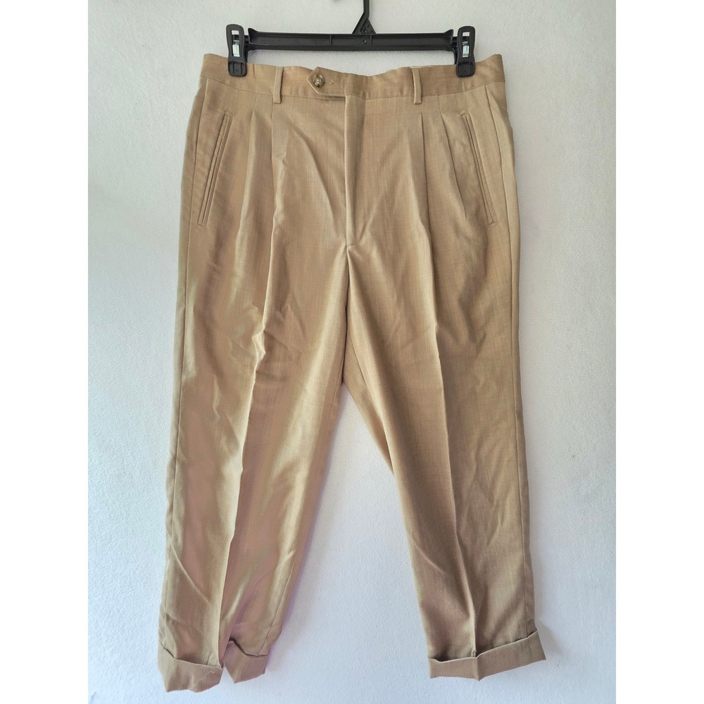 Luca Rossi Italy Super 100sMerino Wool Dress Pants Mens 36x31 Tan Pleated Cuffed